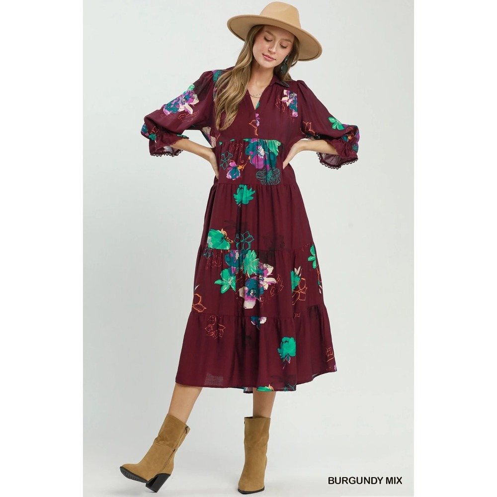 Umgee Floral Print Tiered Midi Dress with Puff Sleeves - Burgundy - Large - Picture 4 of 5